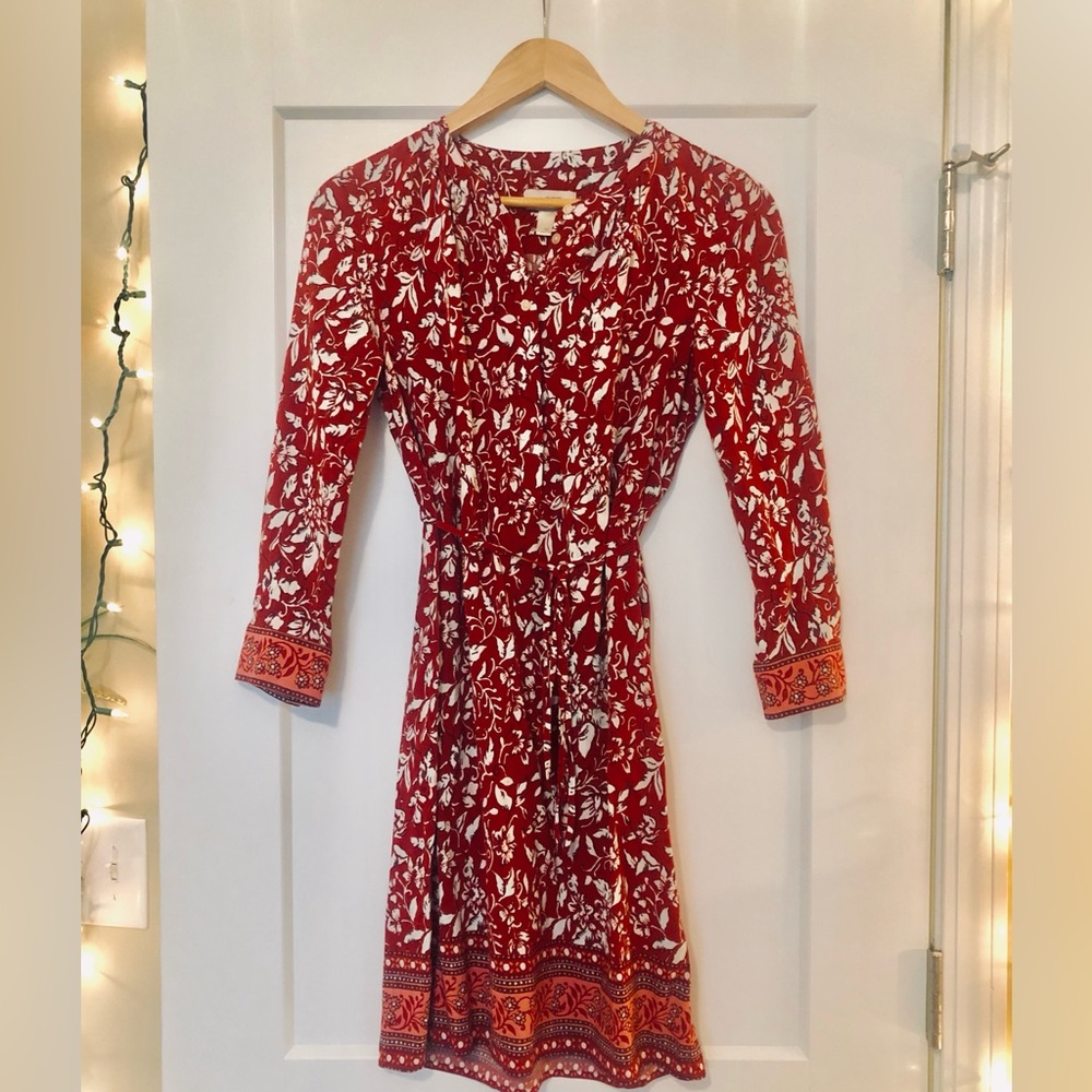 LOFT Red and White Patterned Long Sleeve Dress